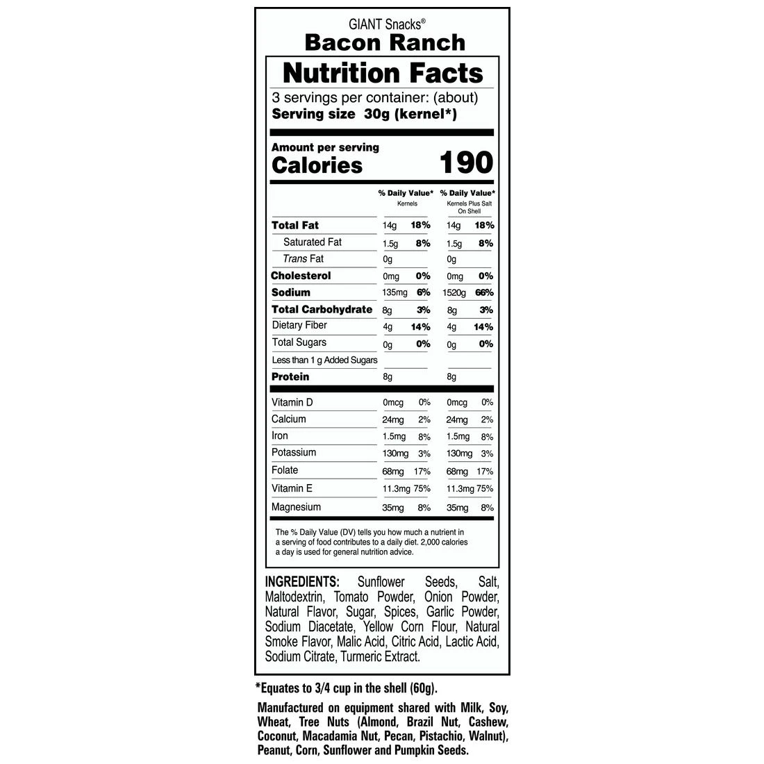 Giant Snacks Inc Giants Bacon Ranch Sunflower Seeds, 5 OZ 4 Giant Snacks Inc Giants Bacon Ranch Sunflower Seeds, 5 OZ - Image 2